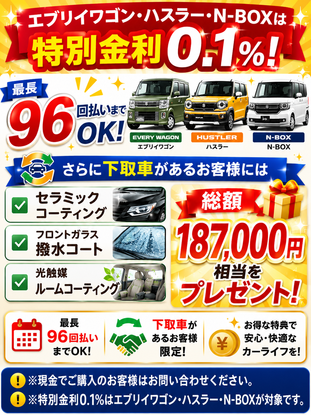 最長96回払いまでOK。下通り車ありの場合は、総額18万7千円相当をプレゼント